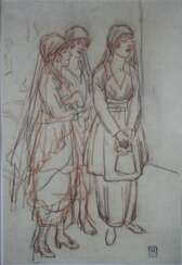 Steinlen, Theophile-Alexandre, 1859 - 1923, Rötelbleistiftzeichnung, 3 Frauen
