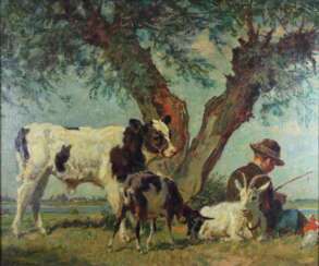 Julius Paul Junghanns, 1876 Wien - 1958 in Düsseldorf, Junge mit Kuh und Ziegen unter Baum