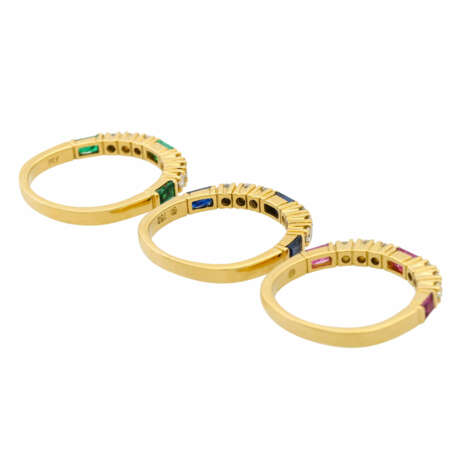 Ringset 3-teilig mit Farbsteinbaguettes und Brillanten - photo 4