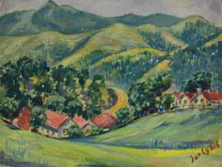 Jan Cybis, 1897 - 1972, hügelige Landschaft mit Häusern