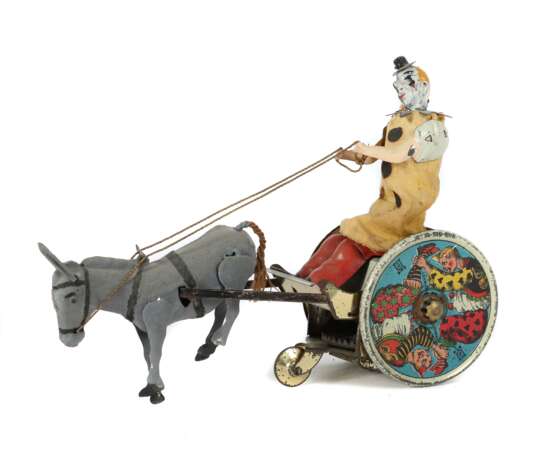 Störrischer Esel Lehmann Modell 425, Vorkrieg, Weißblech, farbig lackiert und lithographiert, beweglicher Clown in einem Eselkarren, Esel rauh gespritzt, Spiralfederantrieb m - фото 1