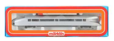 Schienenzeppelin Märklin, Spur H0, Modell 3077, BZ 1975-1990, silber, Kunststoff, Luftschraube in Orange, im OK, Beipackzettel, L: 28,5 cm