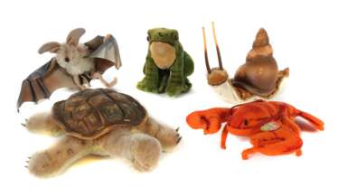 5 Tiere Steiff, meist 1960er Jahre, 1 x Krabbe Crabby, m