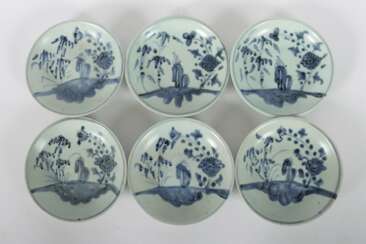 6 Original Tek Sing Schalen China, 1822, Porzellan im Blau-Weiß-Dekor mit floralem Muster, D: ca