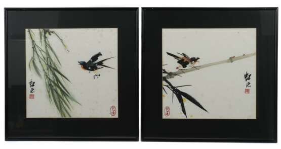 Paar Aquarelle ''Vogel'' China, Aquarell und Tusche auf Papier, je mit zwei Rotstempeln und Signatur, HxB (Passepartout): ca - photo 1