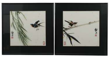Paar Aquarelle ''Vogel'' China, Aquarell und Tusche auf Papier, je mit zwei Rotstempeln und Signatur, HxB (Passepartout): ca