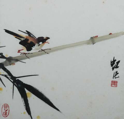 Paar Aquarelle ''Vogel'' China, Aquarell und Tusche auf Papier, je mit zwei Rotstempeln und Signatur, HxB (Passepartout): ca - photo 2