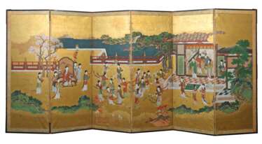 Großer Paravent (Byobu) Japan, Edo-Zeit (1603-1868), anonyme Malerei im Stil der Kano-Schule, Blattgold/Farbe/Tusche auf Papier, 6-tlg