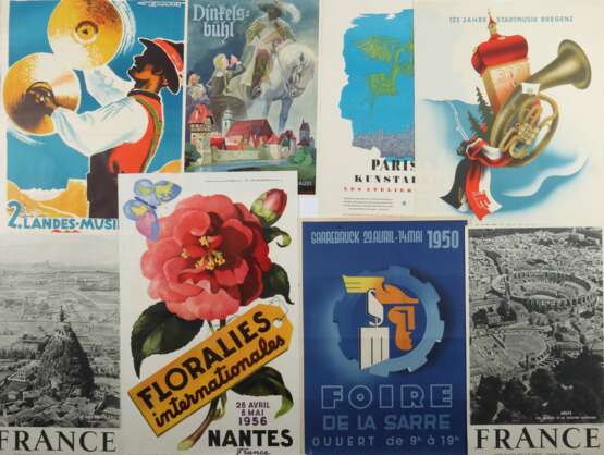 8 Plakate Deutschland/Frankreich, 1950er Jahre, variierende Plakate: Pariser Kunstarbeit, Landes-Musiktreffen Meran, Dinkelsbühl, Bundes-Musikfest Bregenz, Floralies internationales, Foire de la Sarre und 2x France, u - photo 1