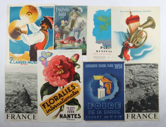 8 Plakate Deutschland/Frankreich, 1950er Jahre, variierende Plakate: Pariser Kunstarbeit, Landes-Musiktreffen Meran, Dinkelsbühl, Bundes-Musikfest Bregenz, Floralies internationales, Foire de la Sarre und 2x France, u - photo 2