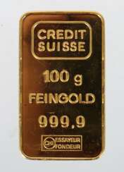 Goldbarren Credit Suisse, Feingold 999,9 geprägt, 100 g, LxB: 4,7/2,7 cm