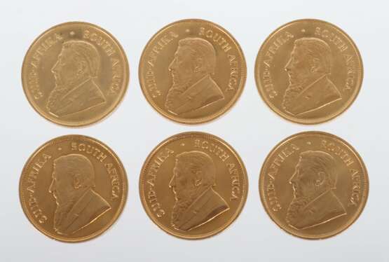 6 Krügerrand-Goldmünzen (1 oz) Südafrika, 1973, Gold 916, ca - фото 1