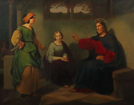 Maler der Nazarener Schule ''Jesus bei Maria und Martha'', Darstellung der biblischen Szene, wo Jesus die zwei Schwestern in Bethanien besucht, nicht sign - Foto 1