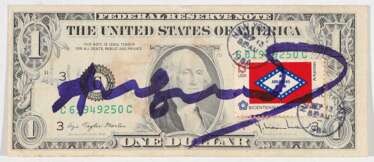 Warhol, Andy 1928 Pittsburgh - 1987 New York nach. One Dollar Dollarnote mit collagierter Briefmarke des US-Bundesstaates Arkansas 6,5 x 15,5 cm