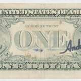 Warhol, Andy 1928 Pittsburgh - 1987 New York nach. One Dollar Dollarnote mit collagierter Briefmarke des US-Bundesstaates Arkansas 6,5 x 15,5 cm - photo 2