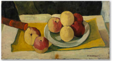 Felice Casorati &quot;Mele (oder Teller mit Äpfeln mit Stiel)&quot; 1942 Öl auf Karton cm 27,5x50 Unten signiert