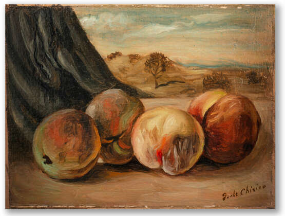 Giorgio de Chirico "Pesche" mid '50s
oil on canvas laid down on cardboard
cm 18.5x25
Signed lower r - photo 1