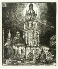 Kulchitskaya, E.L. Église de l&#39;Assomption avec la tour Kornyakt à Lviv. 1920-1930. Linogravure sur papier. 47,2x37,2 cm.