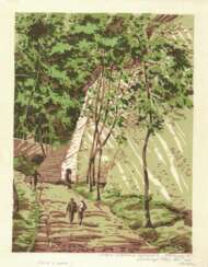 Pashchenko, A.S. Laure de Kiev-Petchersk. La route des puits. 1945. Papier, couleur. linogravure. 22,4x17,8 cm.