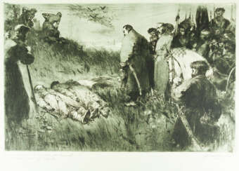 Данченко, А.Г. Б. Хмельницкий над телами донских казаков, погибших под Зборовом. 1954. Бумага, офорт. 44,5х62,7 см.