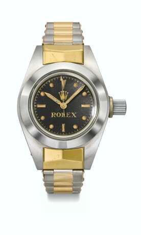 ROLEX. AN EXCEPTIONALLY HISTORICALLY IMPORTANT STAINLESS STEEL AUTOMATIC EXPERIMENTAL WRISTWATCH WITH SWEEP CENTRE SECONDS ESPECIALLY CONSTRUCTED FOR DEPTH PRESSURE TESTING PURPOSES, WITH A STAINLESS STEEL AND GOLD ROLEX BRACELET - photo 1