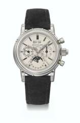 PATEK PHILIPPE. AN EXTREMELY RARE AND IMPORTANT STAINLESS STEEL PERPETUAL CALENDAR SPLIT SECONDS CHRONOGRAPH WRISTWATCH WITH MOON PHASES, 24 HOUR AND LEAP YEAR INDICATION, CERTIFICATE OF ORIGIN AND BOX