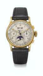 PATEK PHILIPPE. A VERY RARE AND HIGHLY ATTRACTIVE 18K GOLD PERPETUAL CALENDAR CHRONOGRAPH WRISTWATCH WITH MOON PHASES