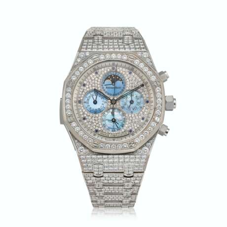 AUDEMARS PIGUET. AN EXCEPTIONAL AND UNIQUE 18K WHITE GOLD AND DIAMOND-SET MINUTE REPEATING PERPETUAL CALENDAR SPLIT-SECONDS CHRONOGRAPH WRISTWATCH WITH LEAP YEAR INDICATION, MOON-PHASES, MOTHER-OF-PEARL REGISTER, BRACELET, CERTIFICATE OF ORIGIN AND BOX - photo 1