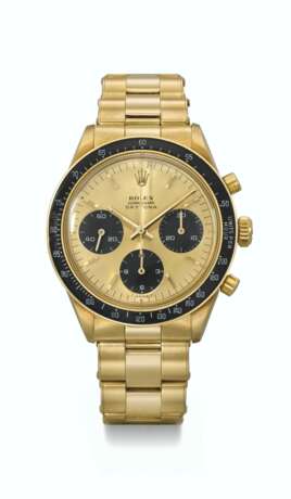 ROLEX. A VERY RARE AND HIGHLY ATTRACTIVE 14K GOLD CHRONOGRAPH WRISTWATCH WITH BRACELET AND COPPER TONE DIAL WITH WHITE GRAPHICS - фото 1