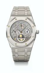AUDEMARS PIGUET. A RARE AND HIGHLY ATTRACTIVE PLATINUM SKELETONIZED PERPETUAL CALENDAR AUTOMATIC WRISTWATCH WITH MOON PHASES, LEAP YEAR INDICATION AND BRACELET