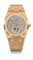 AUDEMARS PIGUET. A RARE AND HIGHLY ATTRACTIVE 18K PINK GOLD SKELETONIZED PERPETUAL CALENDAR AUTOMATIC WRISTWATCH WITH MOON PHASES, LEAP YEAR INDICATION, BRACELET AND GUARANTEE