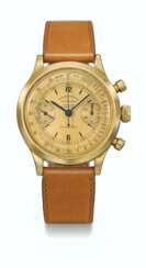 ROLEX. A VERY RARE AND EARLY 18K GOLD CHRONOGRAPH WRISTWATCH WITH MULTISCALE DIAL RETAILED BY VERSACE