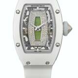 RICHARD MILLE. A LADY`S RARE AND ATTRACTIVE CERAMIC, 18K WHITE GOLD AND DIAMOND-SET TONNEAU-SHAPED LIMITED EDITION AUTOMATIC SEMI-SKELETONIZED WRITHWATCH WITH NEPHRITE DIAL - photo 1