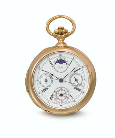 PATEK PHILIPPE. AN EXTREMELY FINE AND VERY RARE, 18K PINK GOLD OPENFACE MINUTE REPEATING PERPETUAL CALENDAR CHRONOGRAPH KEYLESS LEVER WATCH WITH PHASES OF THE MOON, MADE FOR THE AMERICAN MARKET - Foto 1