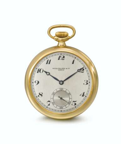 PATEK PHILIPPE. A VERY RARE AND IMPORTANT 18K GOLD OPENFACE KEYLESS LEVER WATCH WITH ONE MINUTE TOURBILLON AND GUILLAUME BALANCE, FIRST PRIZE WINNING TOURBILLON 1932 - фото 1
