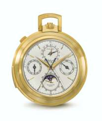 PATEK PHILIPPE. A POSSIBLY UNIQUE 18K GOLD OPENFACE MINUTE REPEATING PERPETUAL CALENDAR SPLIT SECONDS CHRONOGRAPH KEYLESS LEVER WATCH WITH PHASES OF THE MOON, RETAILED BY TIFFANY &amp; CO.