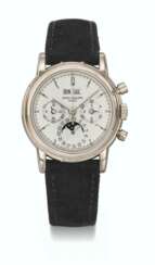 PATEK PHILIPPE. A RARE 18K WHITE GOLD PERPETUAL CALENDAR CHRONOGRAPH WRISTWATCH WITH MOON PHASES, 24 HOUR INDICATION, LEAP YEAR INDICATION, CERTIFICATE OF ORIGIN AND BOX