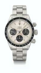 ROLEX. AN ATTRACTIVE STAINLESS STEEL CHRONOGRAPH WRISTWATCH WITH BRACELET, GUARANTEE AND BOX
