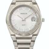 ROLEX. AN EXTREMELY RARE 18K WHITE GOLD TONNEAU-SHAPED WRISTWATCH WITH SWEEP CENTRE SECONDS, DATE AND BRACELET - фото 1