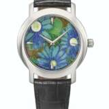 PATEK PHILIPPE. A VERY RARE AND ATTRACTIVE 18K WHITE GOLD AUTOMATIC WRISTWATCH WITH BLUE FLOWERS CLOISONNE ENAMEL DIAL, CERTIFICATE OF ORIGIN AND BOX - photo 1