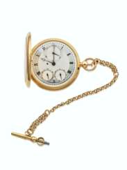BREGUET. AN EXTREMELY FINE AND VERY RARE, 18K GOLD QUARTER REPEATING HUNTER CASED WATCH WITH DAYS OF THE WEEK AND DATE CALENDAR, RUBY CYLINDER ESCAPEMENT, SHORT CHAIN AND KEY