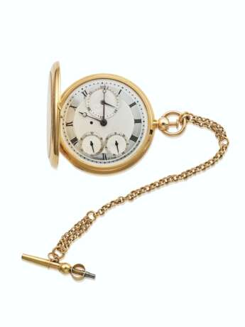 BREGUET. AN EXTREMELY FINE AND VERY RARE, 18K GOLD QUARTER REPEATING HUNTER CASED WATCH WITH DAYS OF THE WEEK AND DATE CALENDAR, RUBY CYLINDER ESCAPEMENT, SHORT CHAIN AND KEY - Foto 1