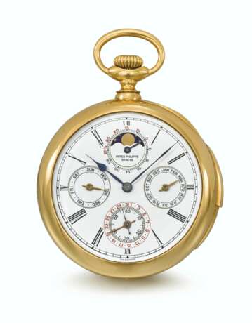 PATEK PHILLIPE. AN EXTREMELY FINE, IMPORTANT AND POSSIBLY UNIQUE, 18K GOLD AND WHITE GOLD OPENFACE MINUTE REPEATING PERPETUAL CALENDAR KEYLESS LEVER WATCH WITH MOON PHASES, LUNAR CALENDAR, POWER RESERVE AND GUILLAUME BALANCE, MADE FOR THE AMERICAN MARKET - Foto 1