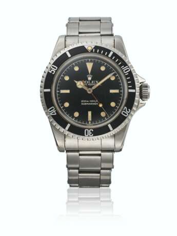 ROLEX. A RARE STAINLESS STEEL AUTOMATIC WRISTWATCH WITH SWEEP CENTRE SECONDS, BLACK LACQUER EXCLAMATION DIAL, POINTED CROWN GUARDS AND BRACELET - фото 1