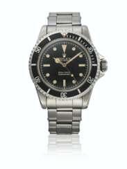 ROLEX. A RARE STAINLESS STEEL AUTOMATIC WRISTWATCH WITH SWEEP CENTRE SECONDS, BLACK LACQUER EXCLAMATION DIAL, POINTED CROWN GUARDS AND BRACELET