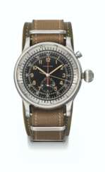 LONGINES. A VERY RARE AND UNUSUAL STAINLESS STEEL SINGLE BUTTON FLYBACK CHRONOGRAPH WRISTWATCH