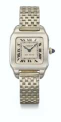 CARTIER. AN EARLY AND VERY RARE PLATINUM AND 18K GOLD SQUARE-SHAPED WRISTWATCH WITH PALLADIUM BRACELET AND BOX