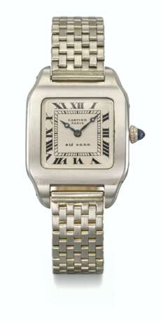 CARTIER. AN EARLY AND VERY RARE PLATINUM AND 18K GOLD SQUARE-SHAPED WRISTWATCH WITH PALLADIUM BRACELET AND BOX - photo 1