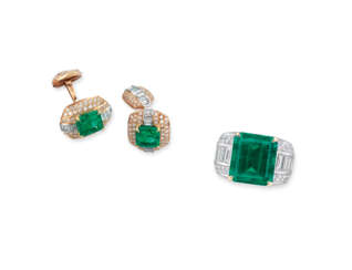 EMERALD AND DIAMOND RING AND CUFFLINK SET