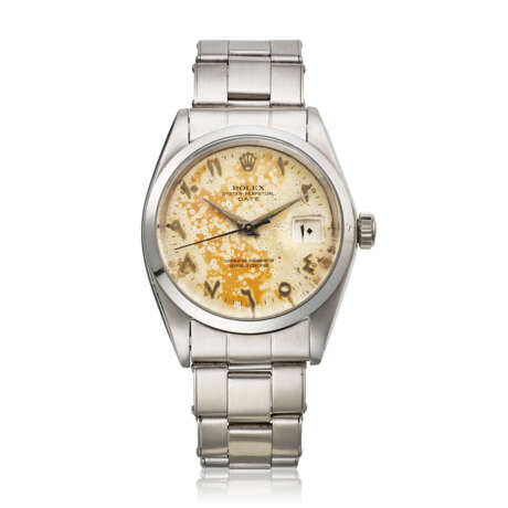 ROLEX, STAINLESS STEEL OYSTER-PERPETUAL DATE WITH TROPICAL DIAL AND EASTERN ARABIC NUMERALS AND DATE, REF. 1500 - фото 1